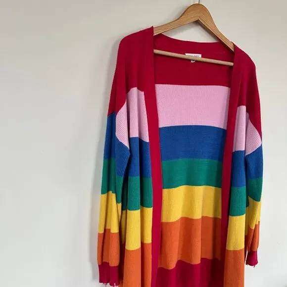 Honey Punch Cardigan Sweater Womens MEDIUM Open Front Rainbow Pride Twee Kidcore - Picture 3 of 10